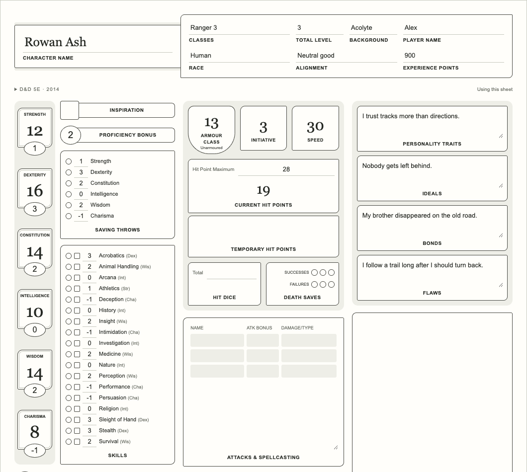 The D&D 5e (2014) sheet, filled in for Rowan Ash, a level 3 ranger. Open this sheet.